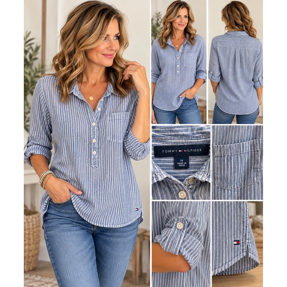 Tommy Hilfiger Women's Medium Blue White Striped Pullover Shirt Coastal Preppy